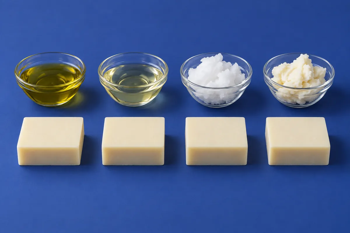 Four small glass bowls of olive oil, rapeseed oil, coconut oil and palm oil in equal amounts, behind a row of pale cream soap bars on a deep blue backdrop