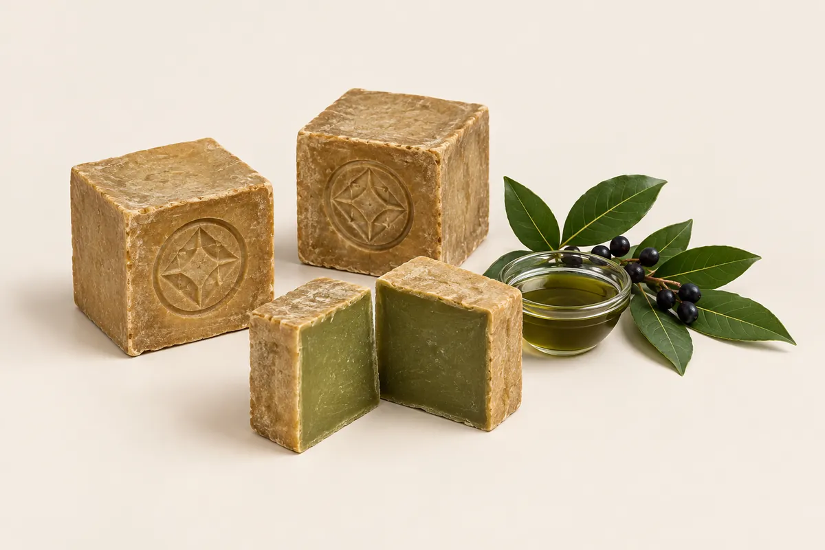 Golden-crusted Aleppo soap cubes, one cut to show its olive-green inside, beside a bay laurel sprig with dark berries and a dish of green laurel oil on a cream backdrop