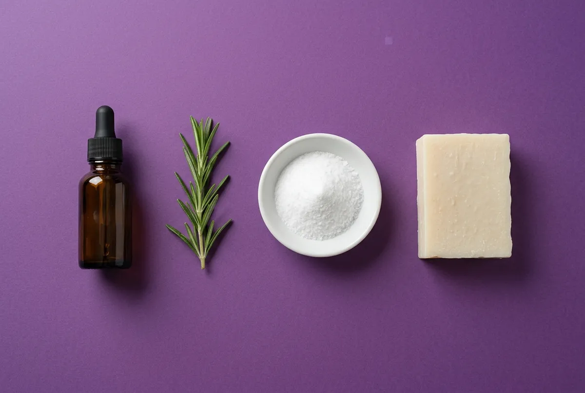 A small amber dropper bottle, a sprig of fresh rosemary, a dish of white chelator powder and a cut bar of pale soap on a deep purple backdrop