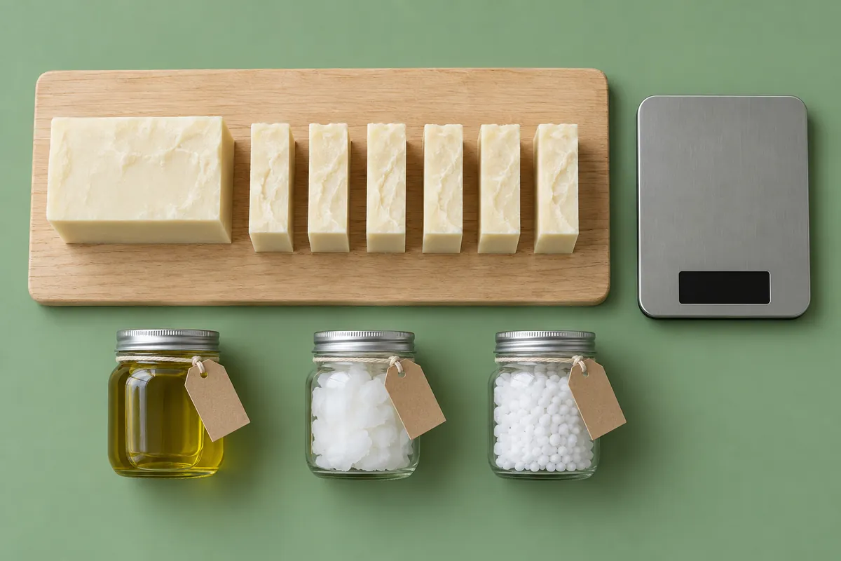 A row of freshly cut soap bars on a wooden board beside the rest of the loaf, a small digital scale and three glass jars of raw materials with blank tags, on a sage-green backdrop