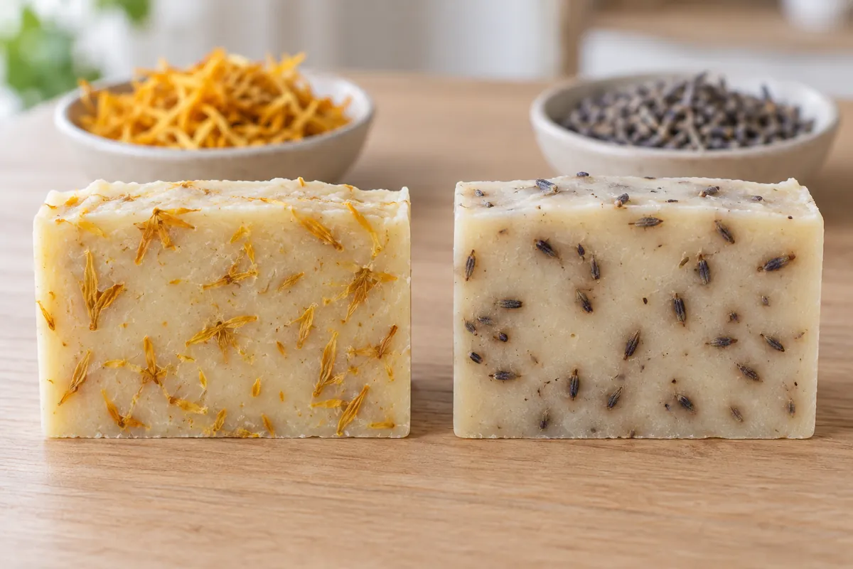 Two cut bars of soap side by side, one scattered with bright calendula petals and one with dark brown lavender buds