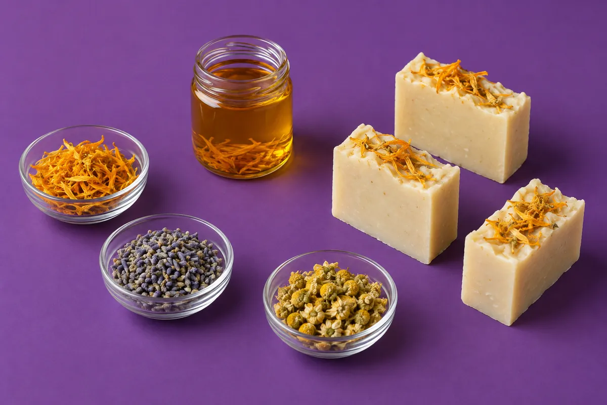 Dried calendula petals, lavender buds and chamomile flowers in small dishes beside a jar of golden infused oil and cut soap bars topped with calendula, on a purple backdrop