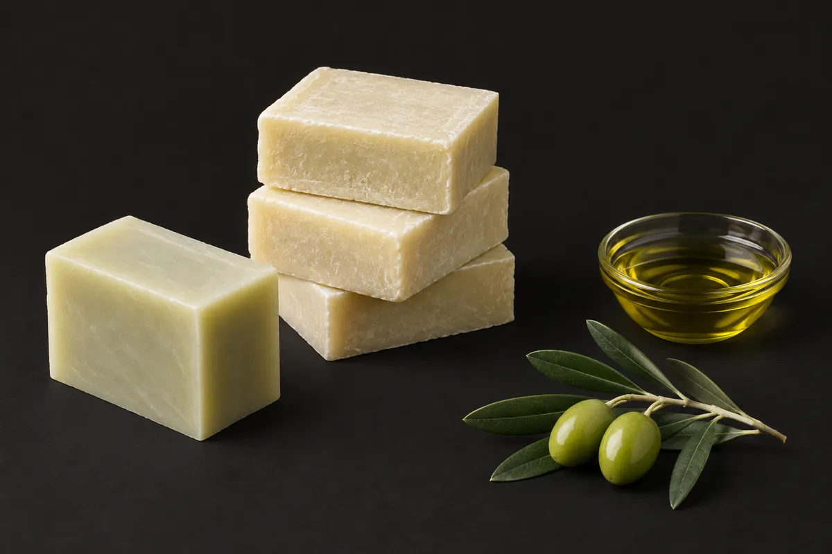 Pale castile soap bars, one freshly cut and three well cured, beside a dish of olive oil and a sprig of olive leaves on a charcoal backdrop
