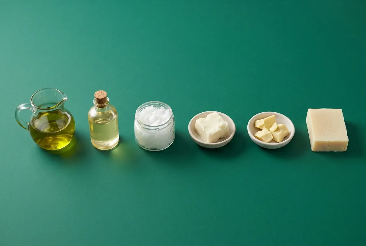 Glass vessels of olive oil and castor oil beside dishes of solid coconut oil, shea butter and cocoa butter, and a cut bar of pale soap, on a deep green backdrop