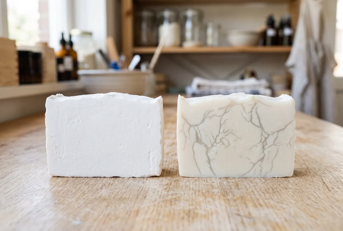 Two halves of a white cold-process soap bar side by side, one smooth matte white, the other streaked with translucent branching veins