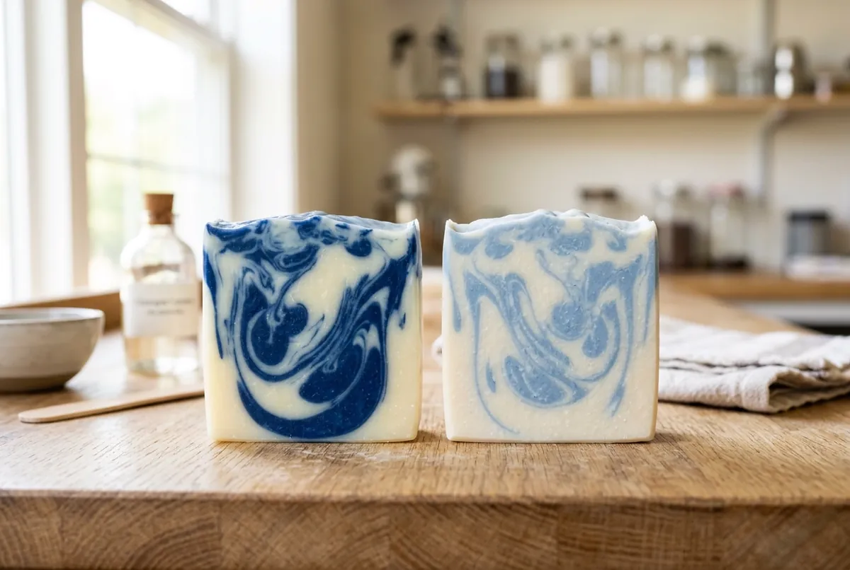 Two cut bars of the same blue and white swirl soap side by side, the left one deeper, glossier and more saturated, the right one paler and chalky