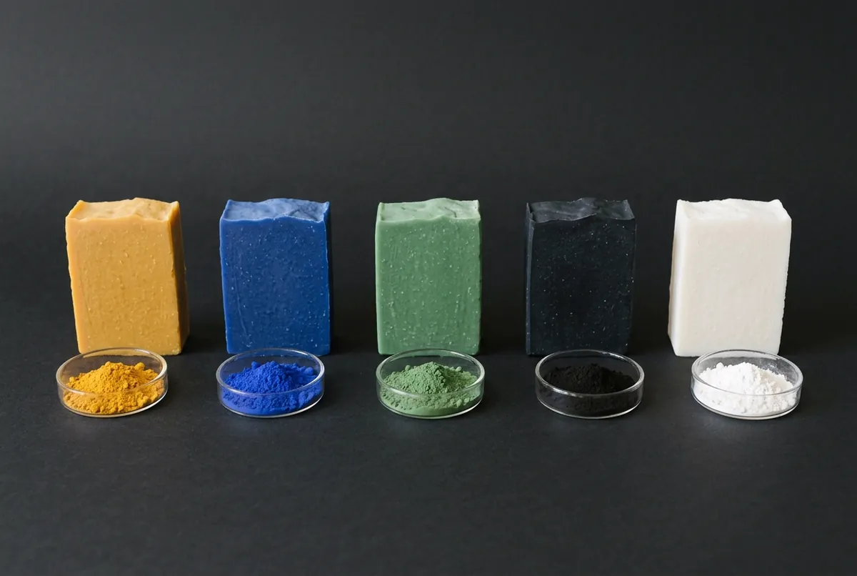 Cut bars of cold-process soap in ochre, blue, green, black and white beside small glass dishes of the matching pigment powders on a charcoal backdrop