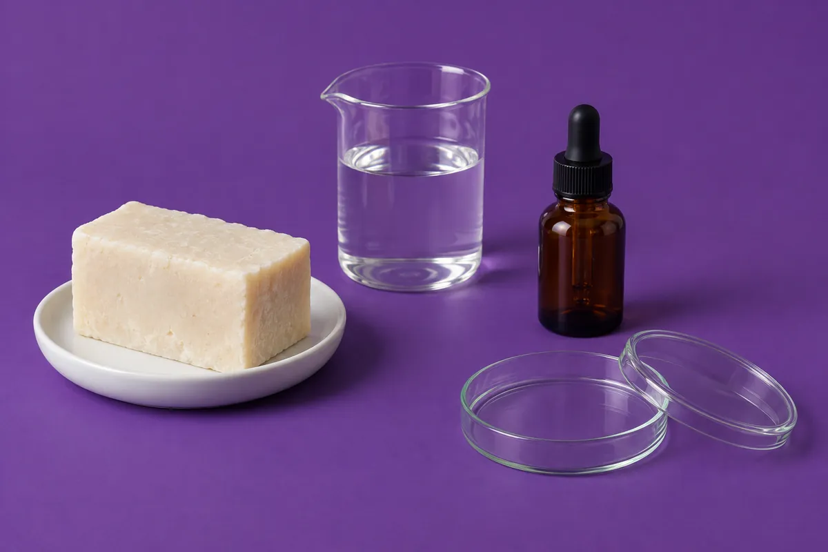 A bar of handmade soap on a white porcelain dish beside a glass beaker of water, a small amber dropper bottle and an empty glass petri dish, on a violet backdrop
