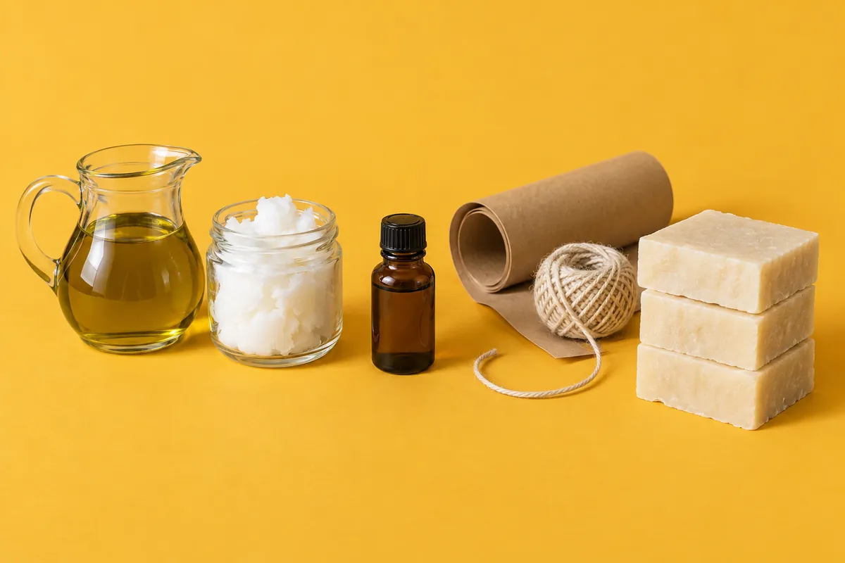 Freshly cut bars of pale handmade soap beside a glass jug of olive oil, a jar of white coconut oil, a small amber bottle and a roll of kraft paper on a turmeric-yellow backdrop