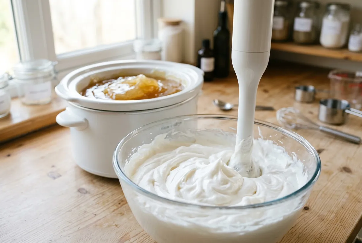 A bowl of freshly whipped, bright white, fluffy cream soap with a stick blender in it, in front of a slow cooker holding the same soap before whipping, dense, glossy and golden