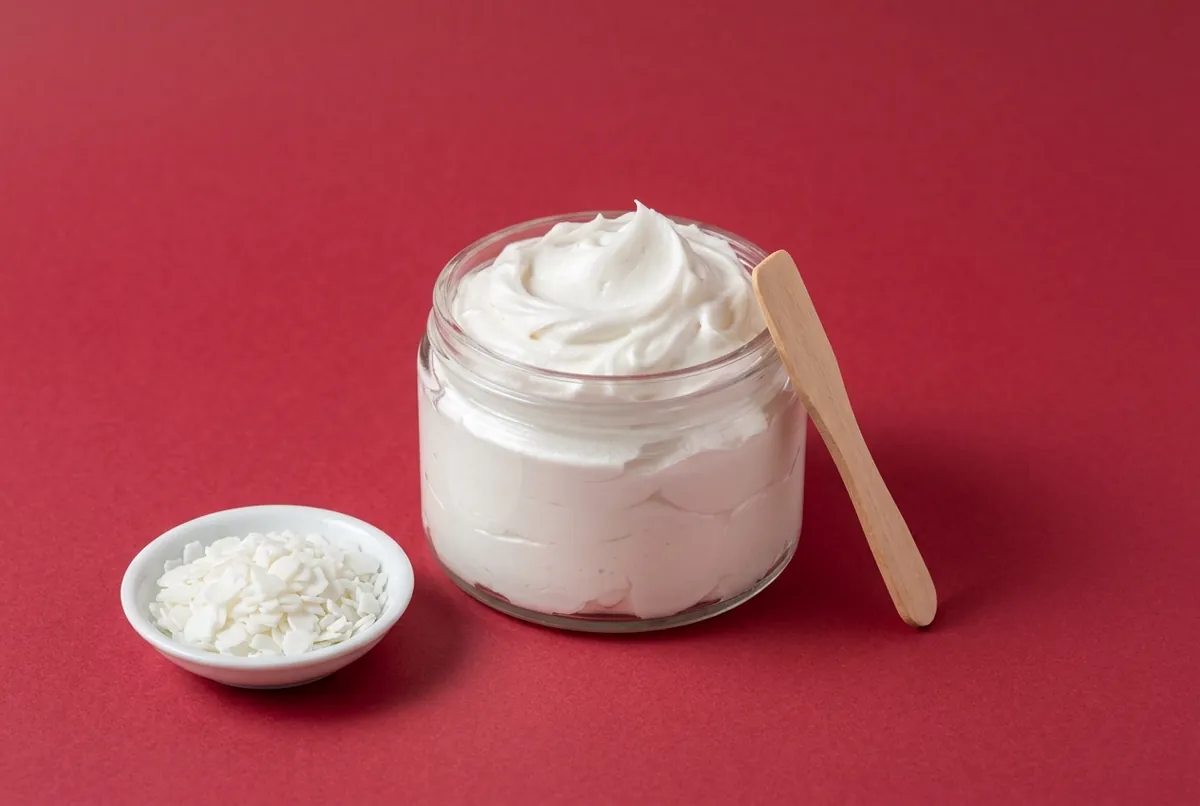 A glass jar of fluffy, pearly white cream soap with a wooden spatula and a dish of white stearic acid flakes on a deep red backdrop