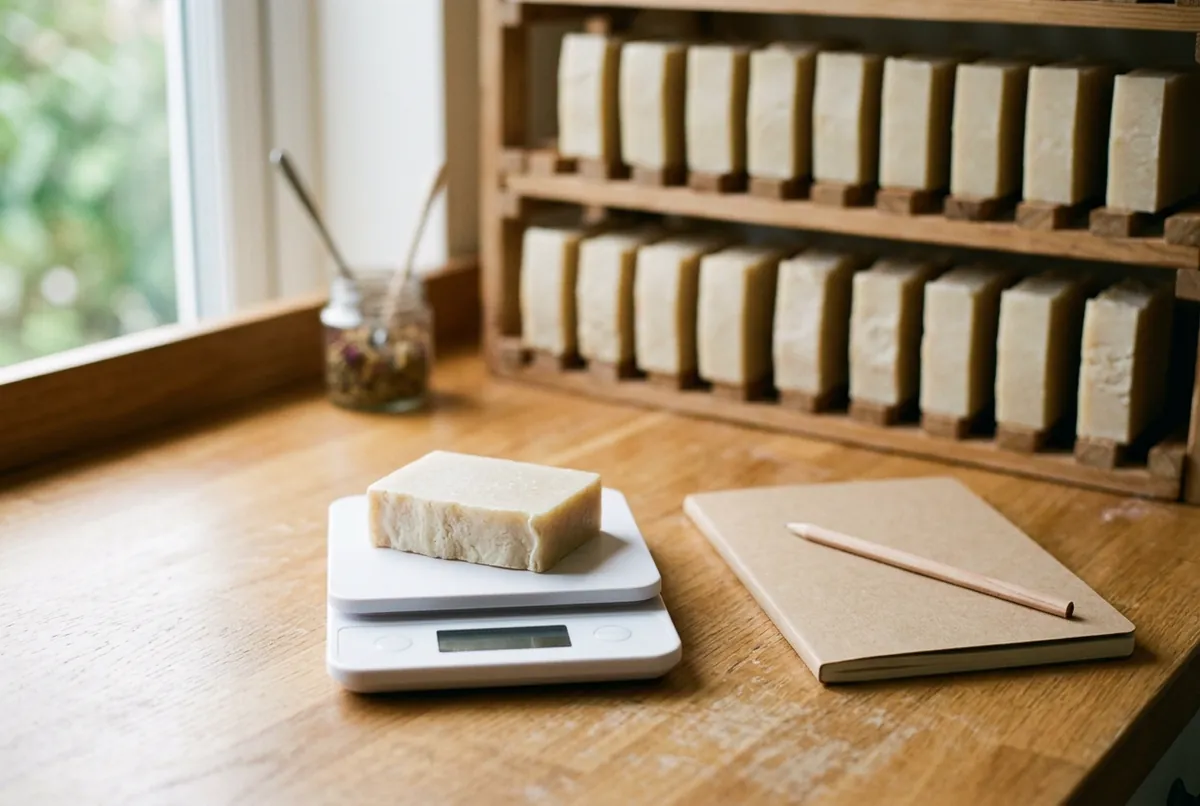 Bars of soap on edge on a wooden rack, with one bar on a small kitchen scale in front