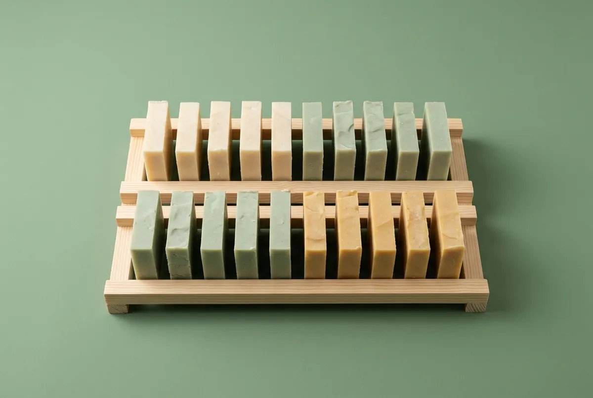Rows of handmade soap bars standing on edge, spaced apart on a wooden curing rack, on a sage green backdrop