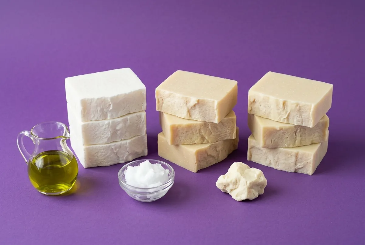 Three short stacks of freshly cut soap bars in slightly different cream shades beside a jug of olive oil, a dish of coconut oil and a chunk of shea butter on a purple backdrop