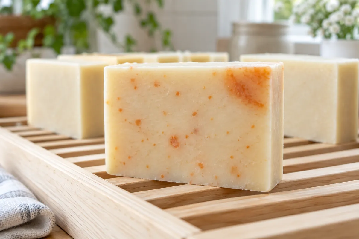 A pale bar of handmade soap on a wooden rack, its cut face scattered with small orange spots and one larger blotch