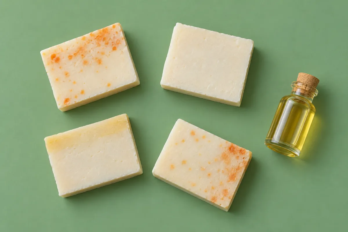 Four pale bars of handmade soap on a sage green backdrop, two scattered with small rust-orange spots, one faintly yellowed and one clean, beside a bottle of golden oil