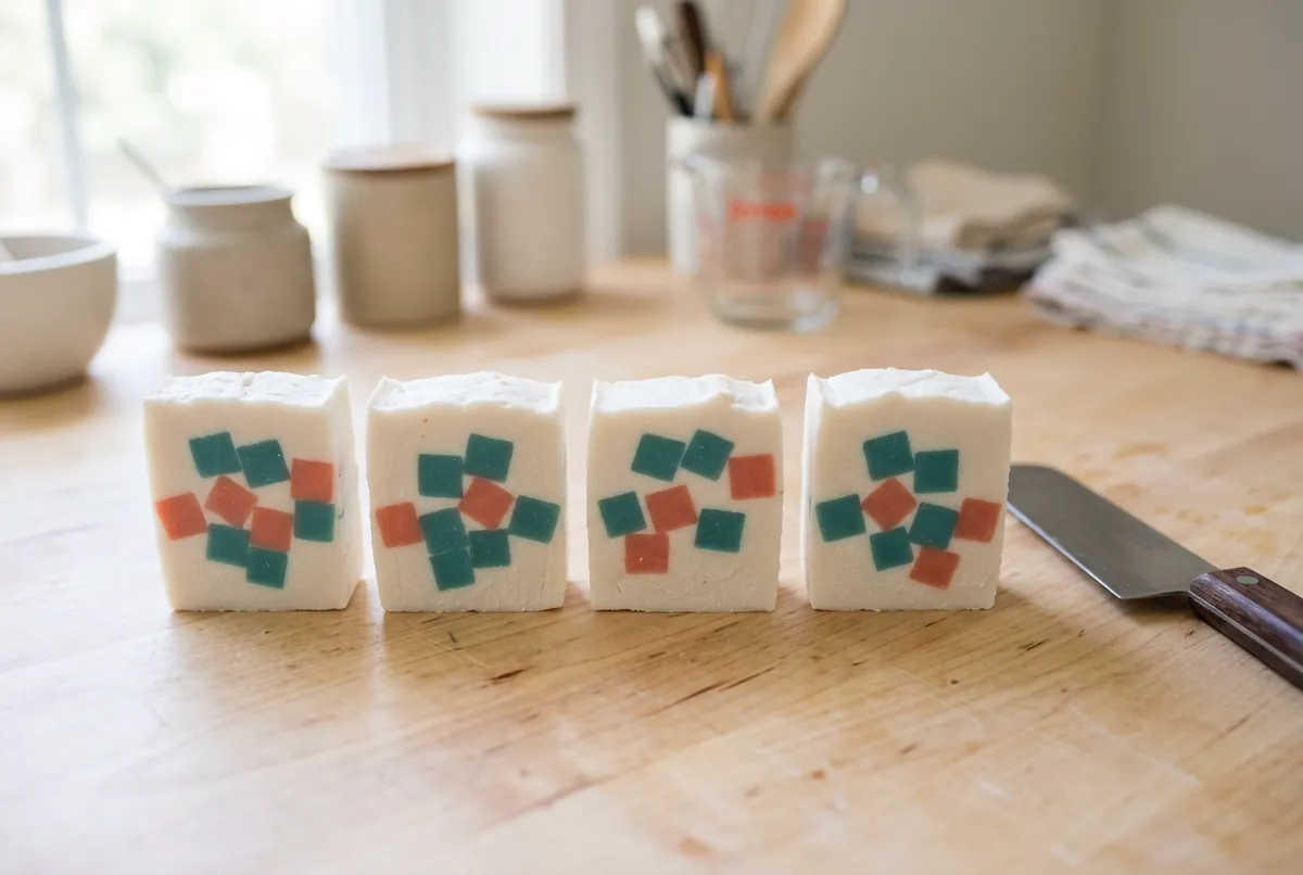 A row of cut bars of white cold-process soap, each showing neat cubes of teal and coral soap set tightly inside, with no gaps around them