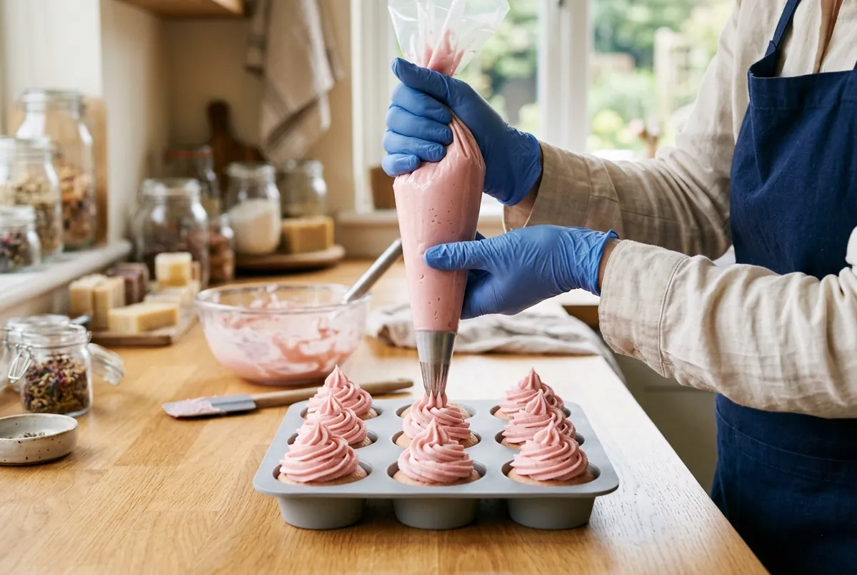 Gloved hands piping swirls of pale pink soap frosting from a piping bag with a star tip onto soap cupcake bases in a silicone cupcake mould