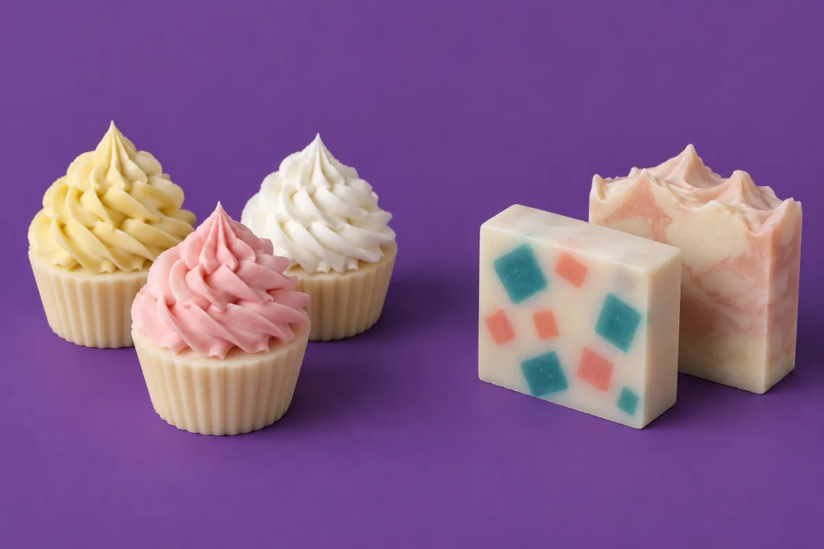 Soap cupcakes with piped pastel frosting beside a cut loaf bar with embedded coloured cubes and a peaked textured top, on a purple backdrop