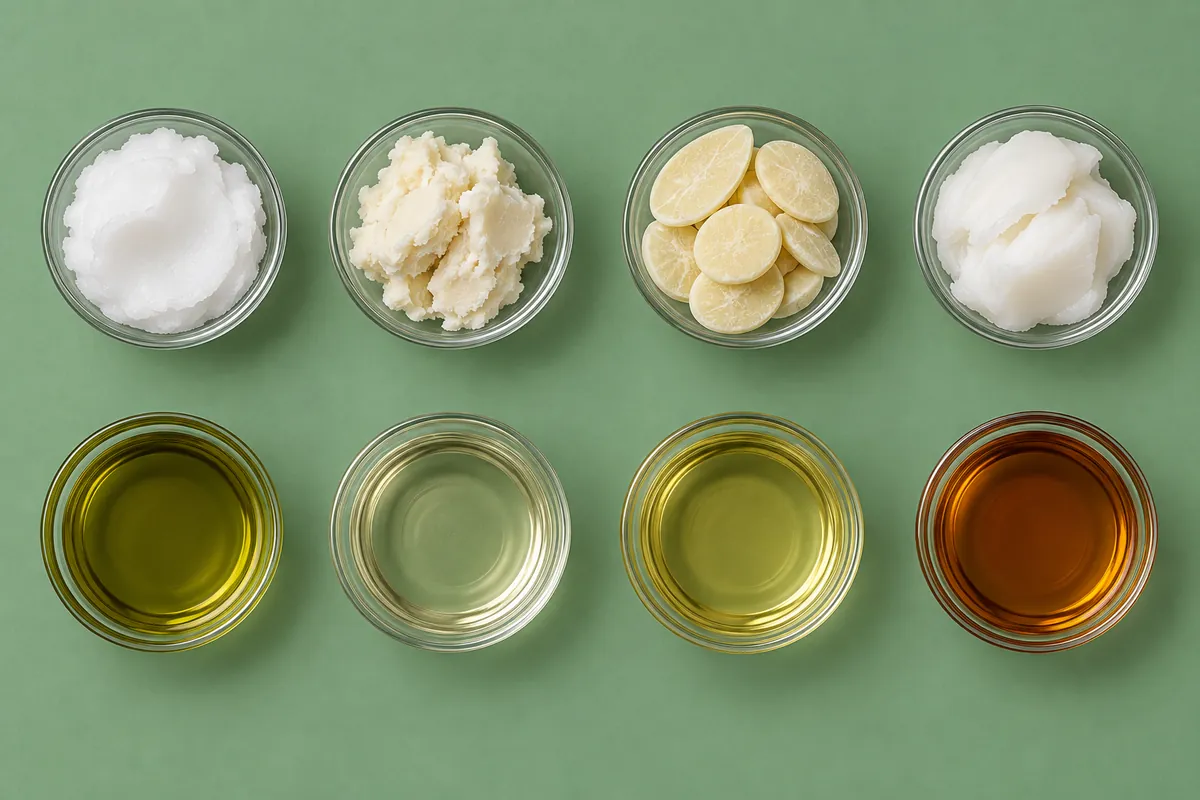 Eight small glass dishes of soapmaking fats, from white coconut oil and ivory shea butter to golden olive oil and amber linseed oil, on a sage green backdrop