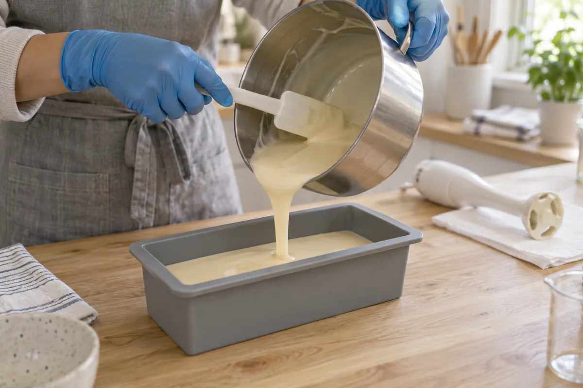 A gloved hand pours pale soap batter at light trace from a steel pot into a silicone loaf mould