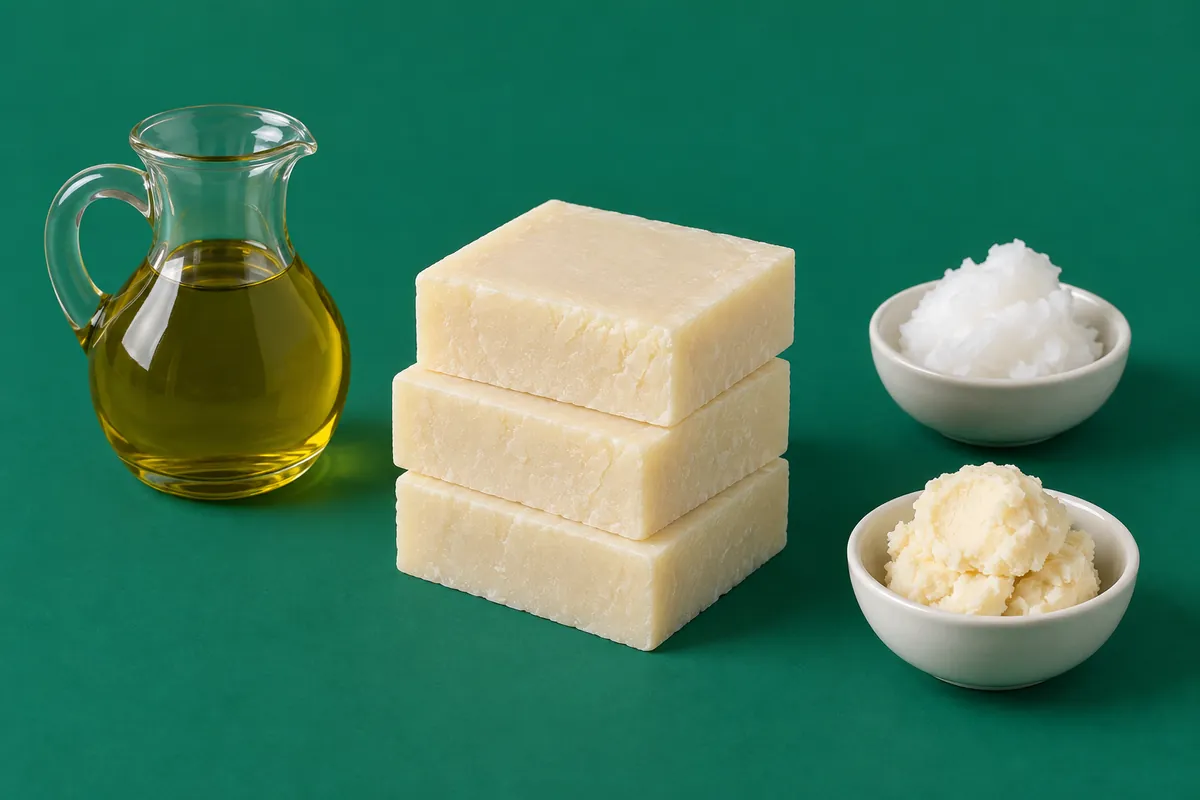 Three freshly cut bars of pale ivory handmade soap beside a jug of olive oil, a small bottle of castor oil and bowls of coconut oil and shea butter on a deep green backdrop