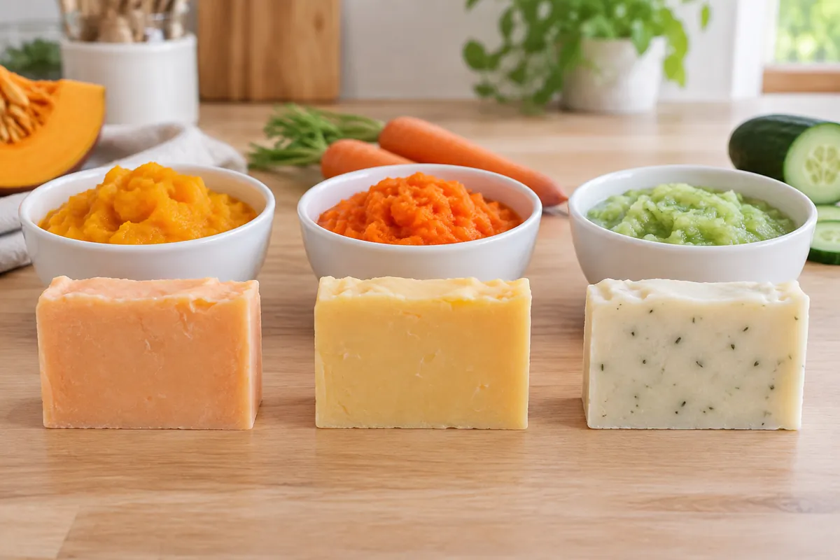 Cut bars of pumpkin, carrot and cucumber soap in soft apricot, pale yellow-orange and cream with green flecks, each beside a small bowl of the bright purée it was made with