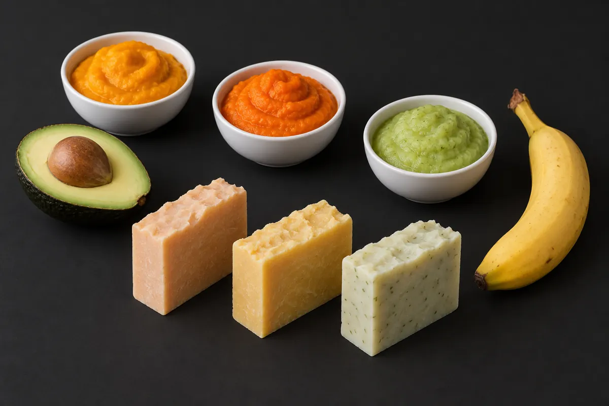 Bowls of pumpkin, carrot and cucumber purée with a halved avocado and a banana beside pale apricot and cream soap bars on a charcoal backdrop