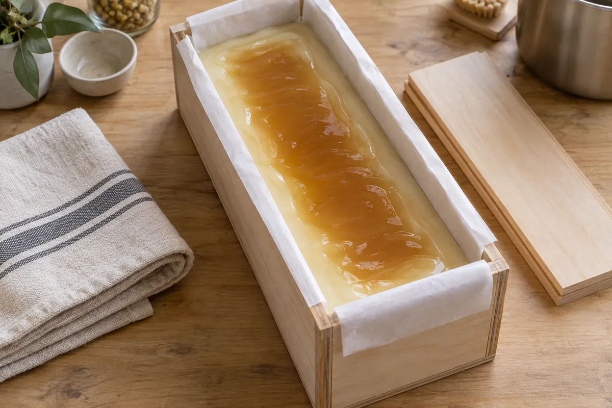 The top of a loaf of soap in a wooden mould, dark and translucent in the middle and pale at the edges