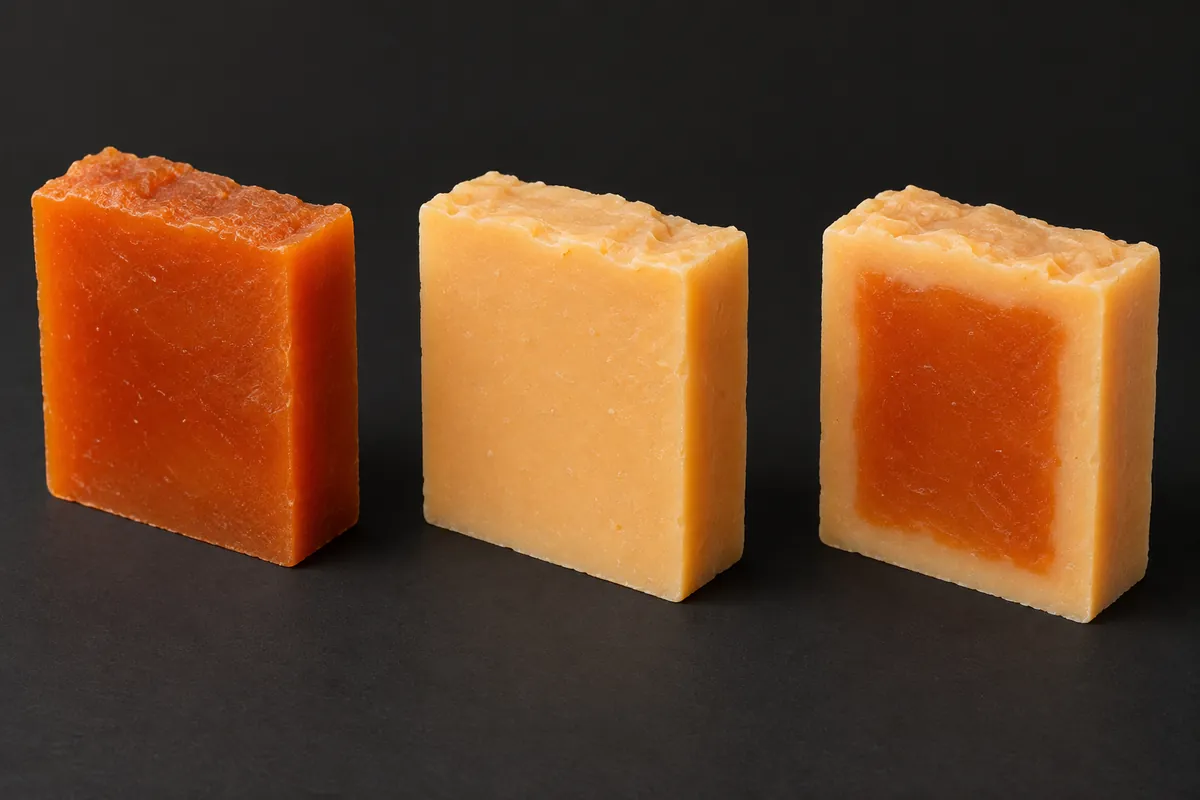 Three bars of orange soap from one recipe on a charcoal backdrop: one deep and glossy, one pale and matte, one dark in the centre with a pale ring