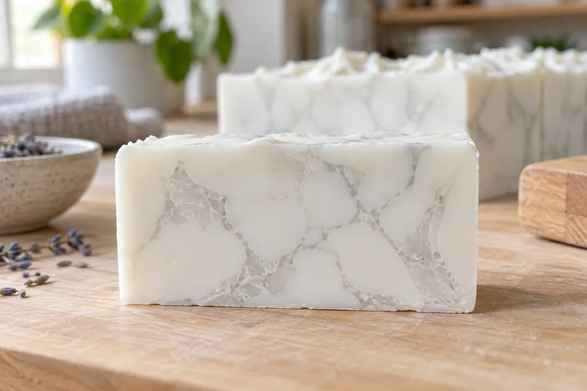 A cut bar of white soap whose face is laced with translucent, greyish veins and cloudy patches