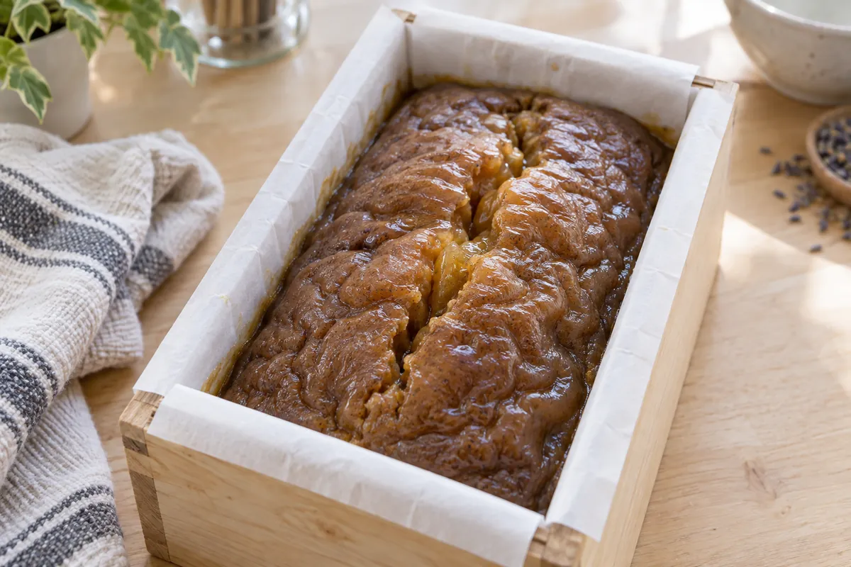A wooden mould of overheated soap with a wrinkled, glossy, brain-like top and a crack down the middle