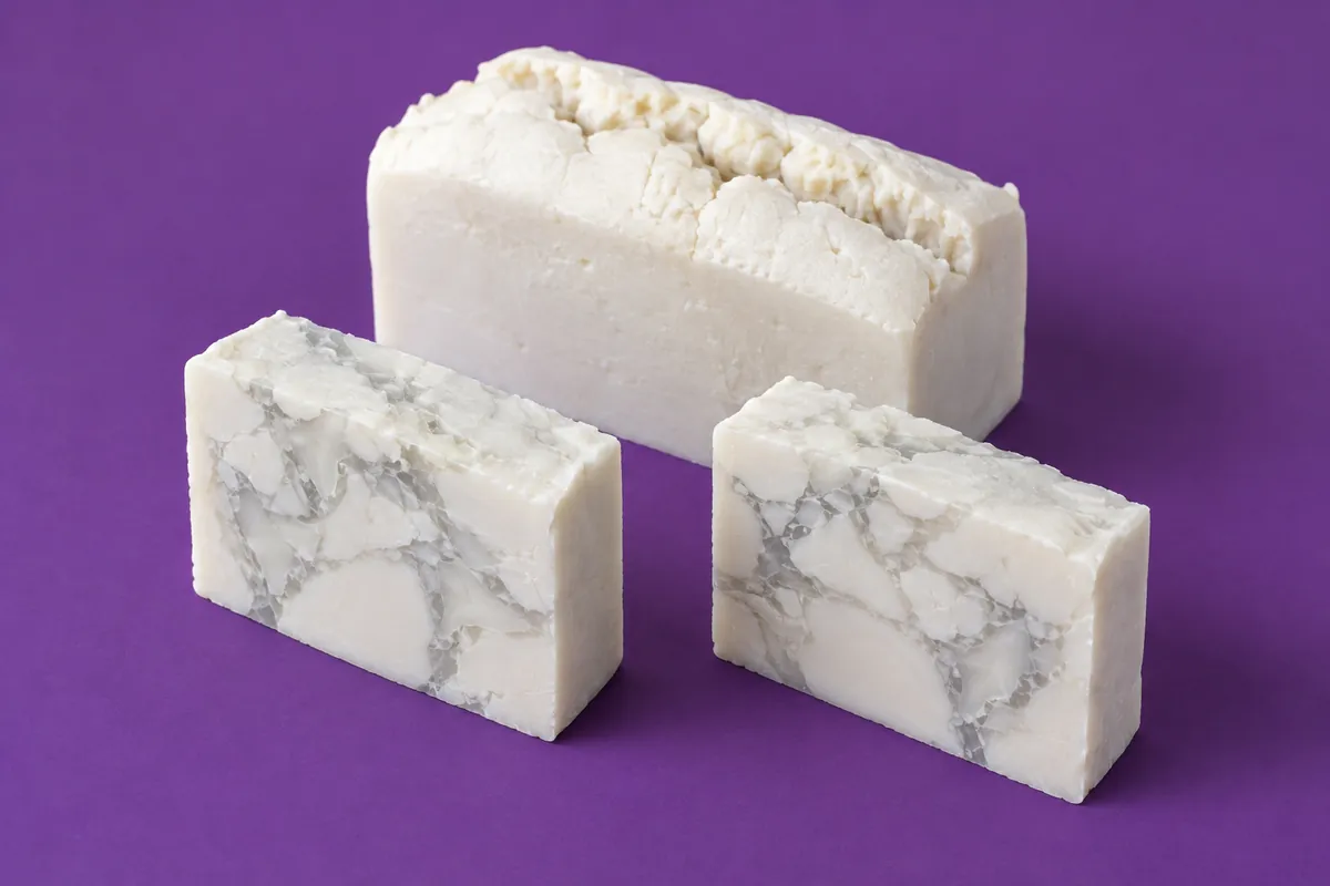 A white soap loaf with a deep crack along its domed top, and two cut bars laced with translucent veins, on a purple backdrop
