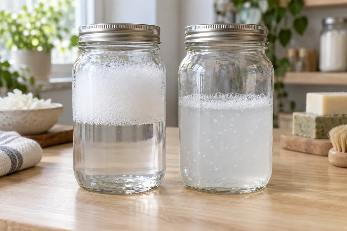 Two jars of water shaken with the same soap: tall white foam over clear water on the left, cloudy water with only a thin ring of foam on the right