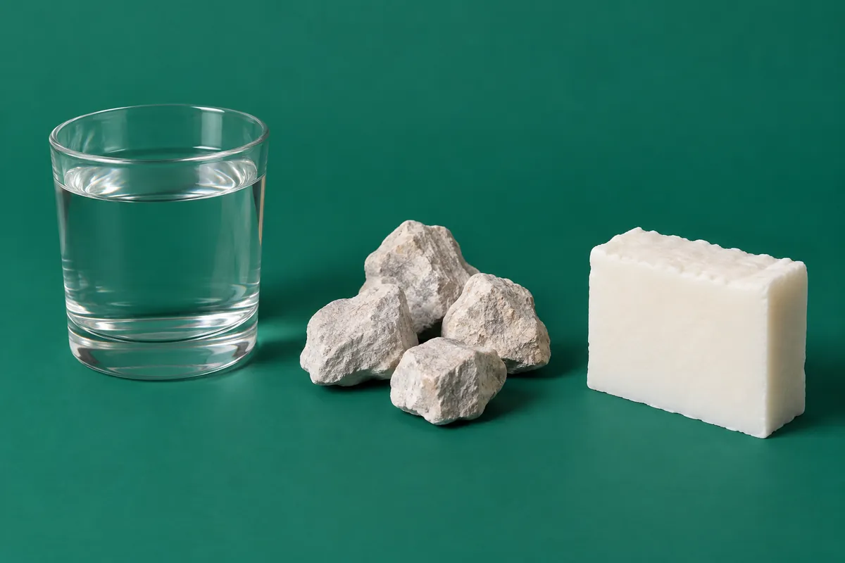 A clear glass of water beside a few rough pieces of pale limestone and a cut bar of white coconut soap on a deep green backdrop