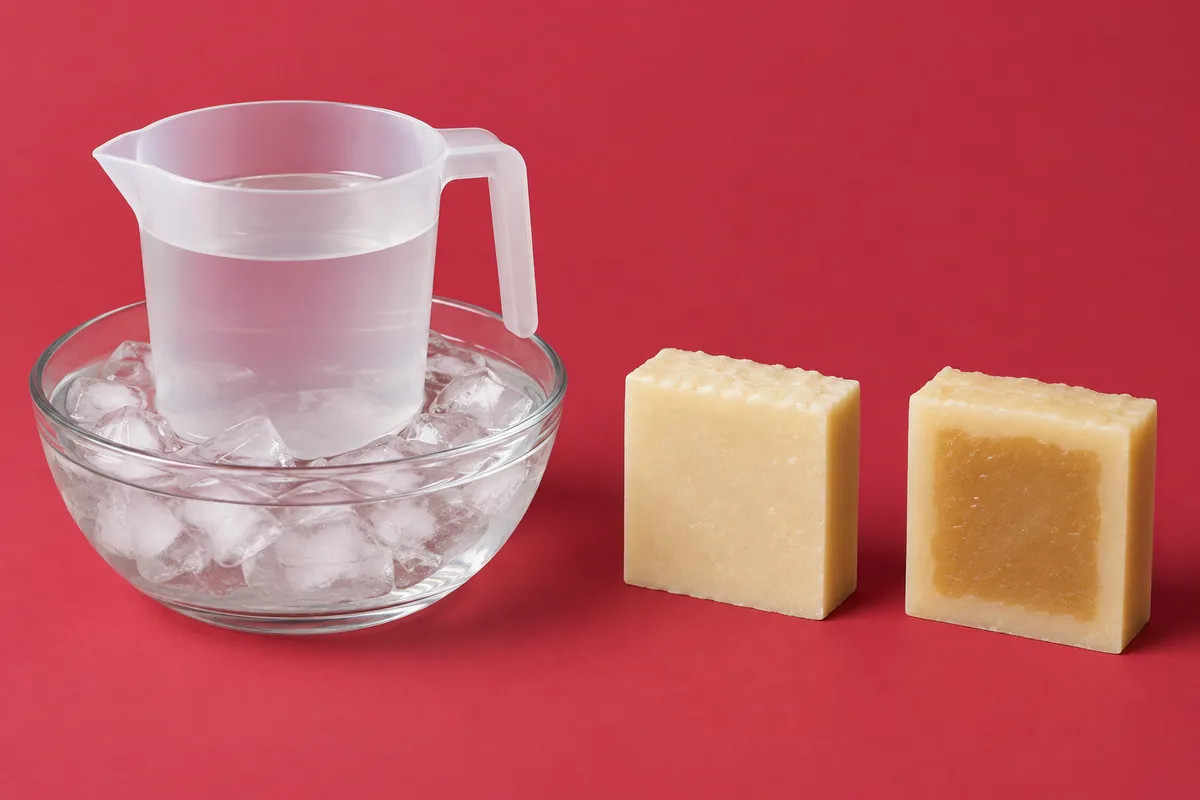 A clear jug of lye solution cooling in a bowl of ice beside two cut bars of soap, one pale and opaque, one with a darker translucent gelled centre, on a deep red backdrop