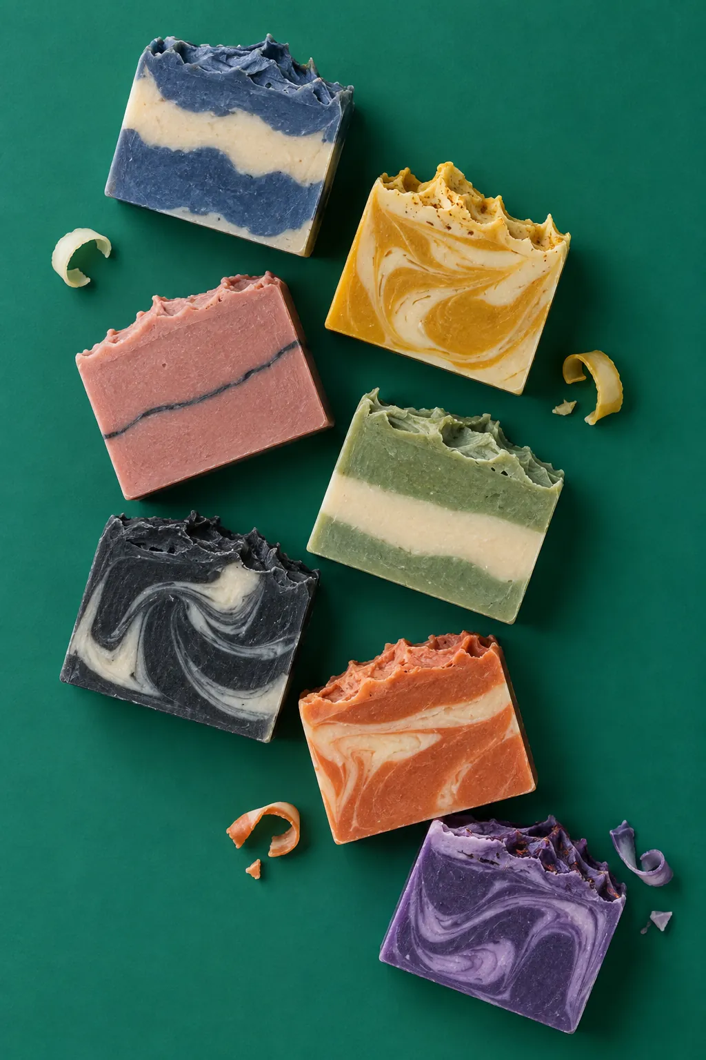 Sette saponette artigianali appena tagliate su fondo verde, colorate con indaco, curcuma, argilla rosa, argilla verde, carbone attivo, annatto e alcanna