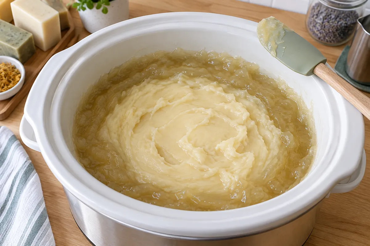 A slow cooker of soap mid-cook: a glossy, translucent band around the edge and an opaque, creamy centre