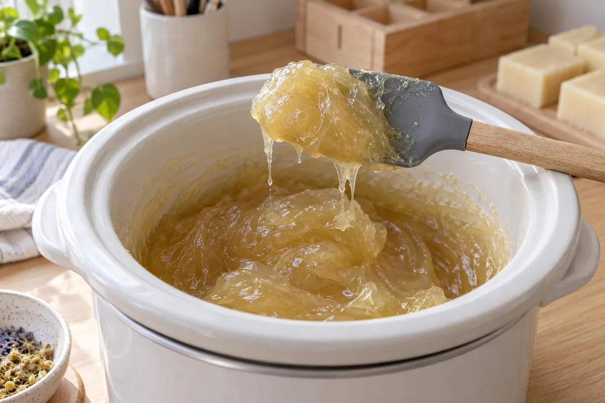 A spatula loaded with fully cooked hot process soap, evenly translucent and glossy like petroleum jelly