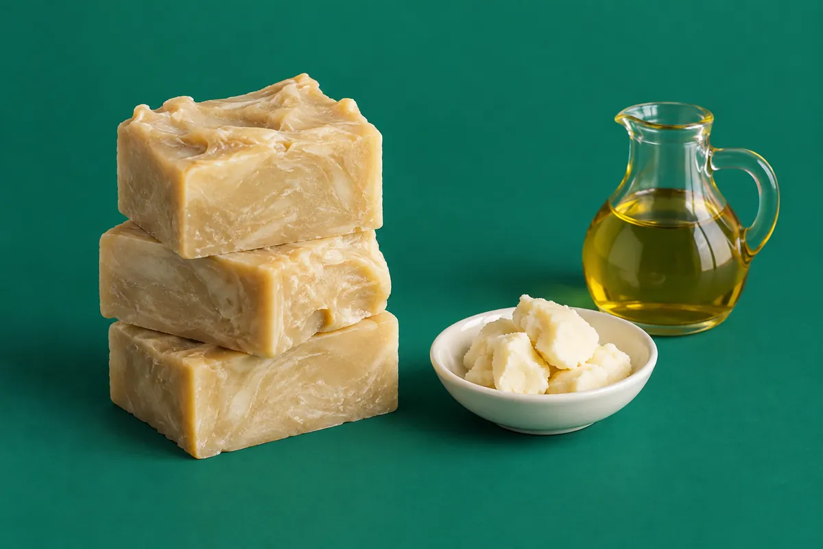 Three thick hot process soap bars with rustic textured tops beside a dish of shea butter and a jug of olive oil on a deep green backdrop