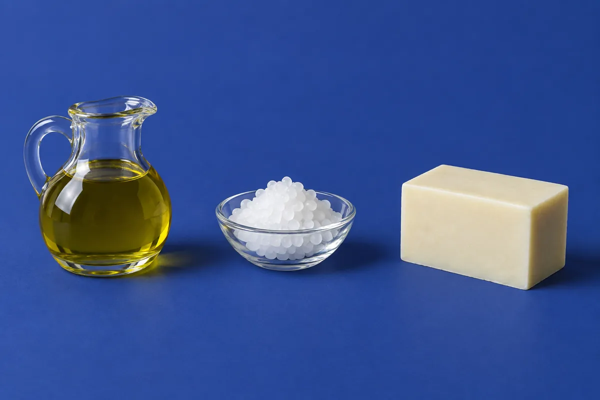 A jug of olive oil, a dish of white sodium hydroxide beads and a cut bar of pale olive-oil soap on an indigo backdrop