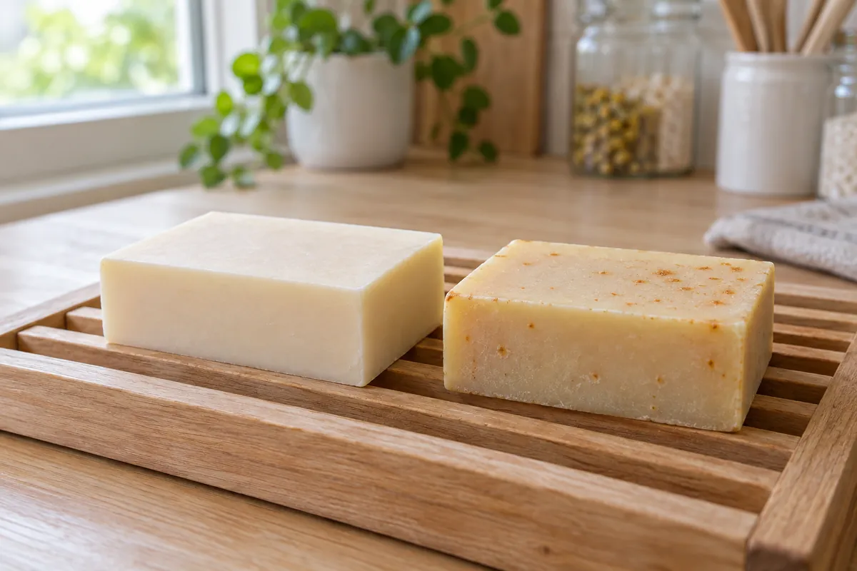 Two bars of cold process soap, one fresh and pale cream, the other older with small orange-brown spots on its surface