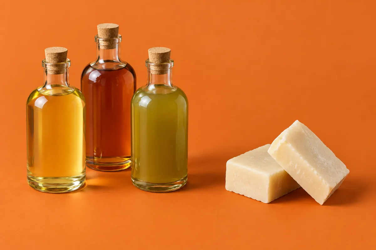 Three glass bottles of oil in pale gold, deep amber and green-gold beside two cut bars of cream soap on an orange backdrop