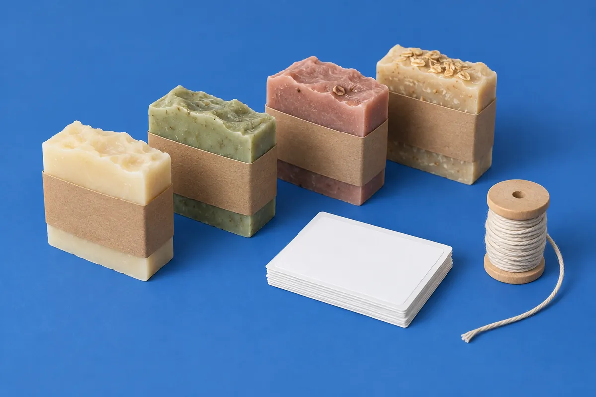 Bars of handmade soap in plain kraft paper bands beside a stack of blank white label paper and a spool of cotton twine on a cobalt-blue backdrop