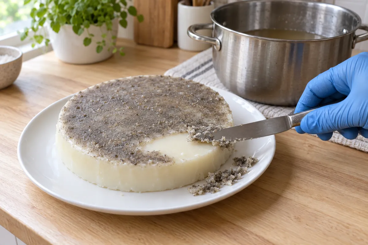 A disc of chilled wet-rendered tallow turned over on a plate, with a gloved hand scraping the grey layer from its underside