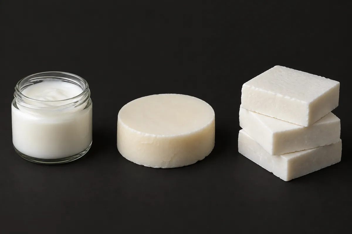 A jar of white lard, a disc of rendered tallow and a stack of three white soap bars on a charcoal backdrop