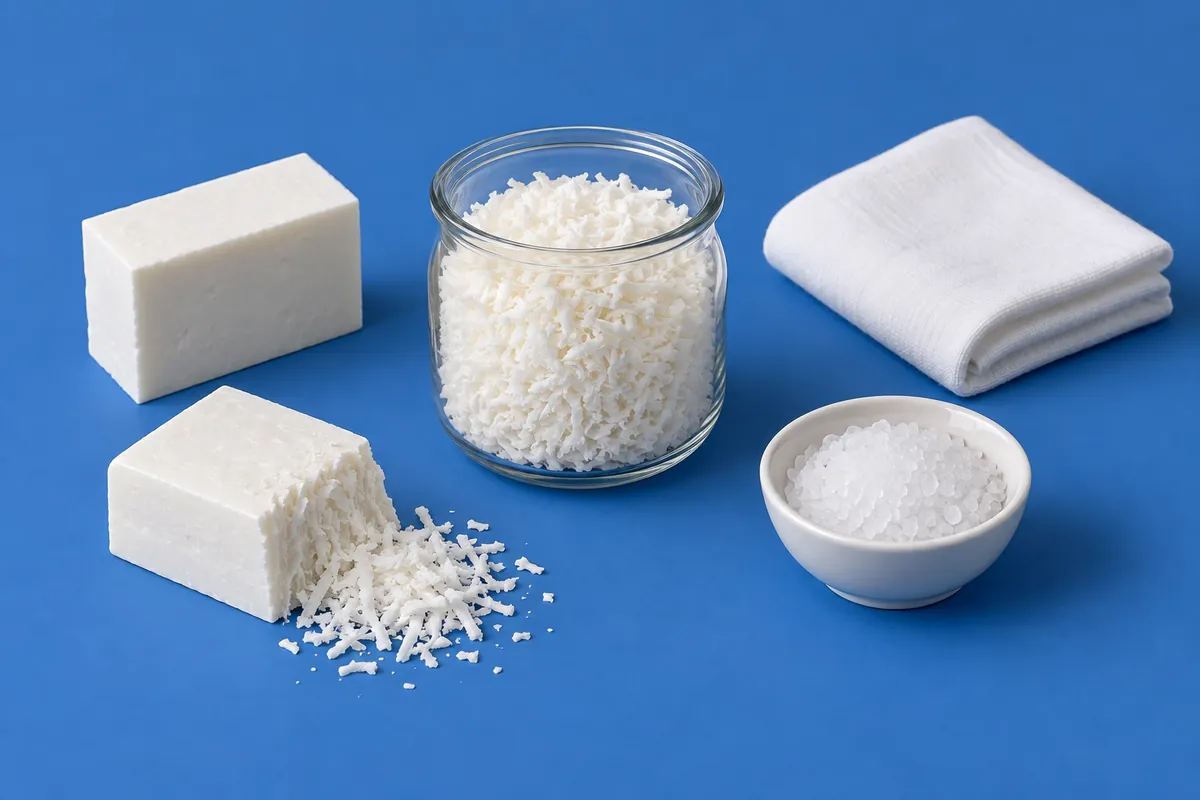 Two white laundry soap bars, one part-grated, a jar of grated soap flakes, a bowl of washing soda crystals and a folded cotton cloth on a cobalt blue backdrop