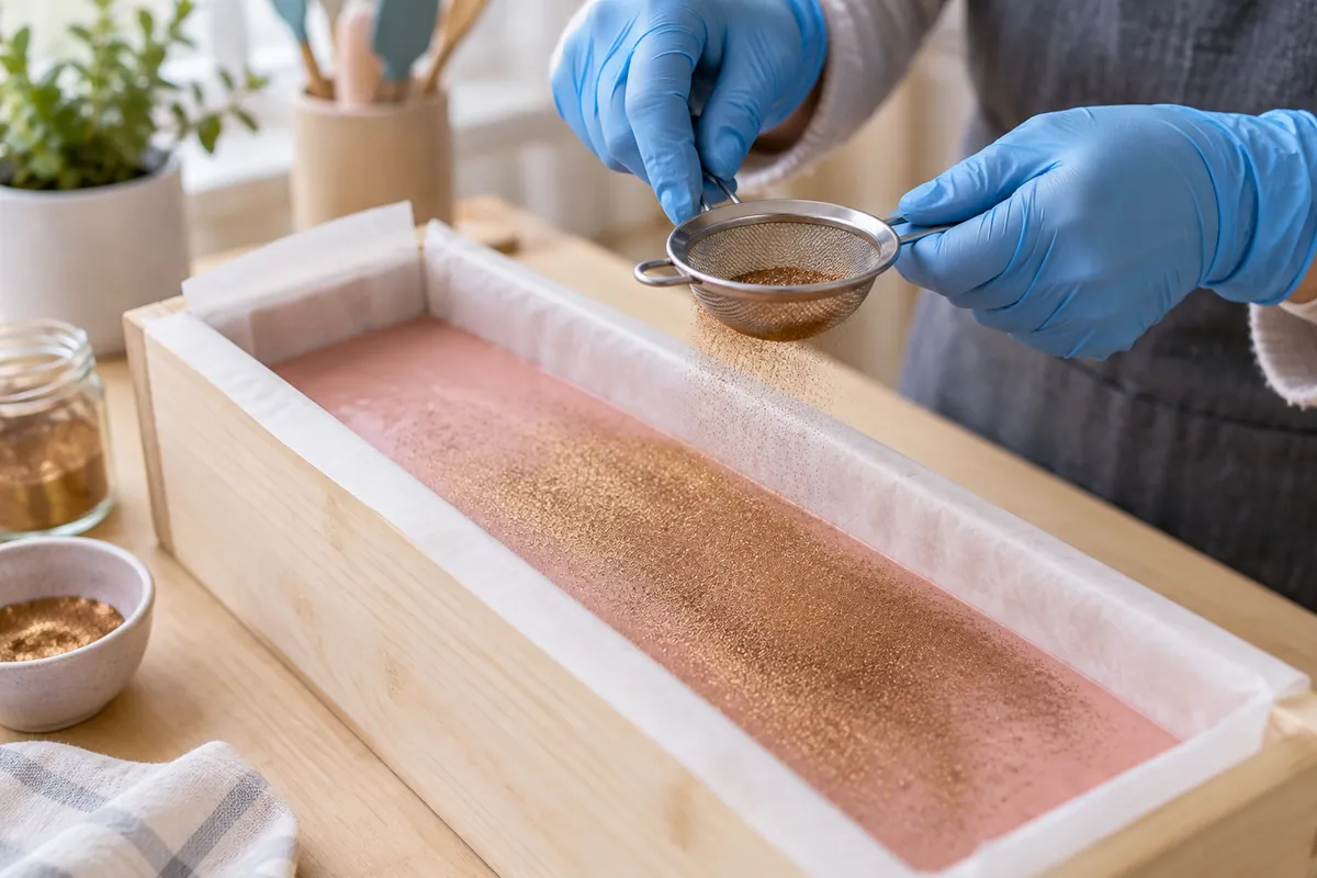 A gloved hand tapping a small mesh tea strainer over a level layer of pale pink soap batter in a loaf mould, leaving a thin even dusting of dark mica