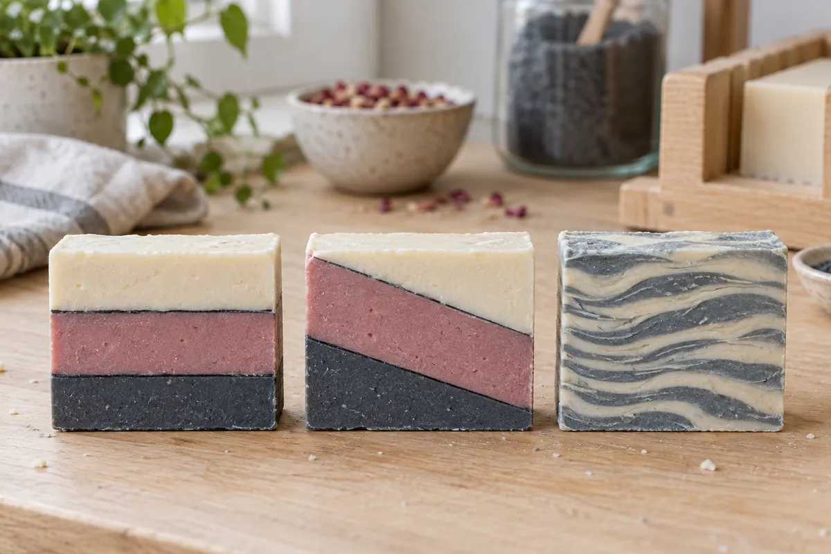 Three cut bars of layered soap lying face up, the first with flat cream, rose and grey layers split by a fine dark line, the second with layers meeting on a diagonal, the third with many thin wavy stripes