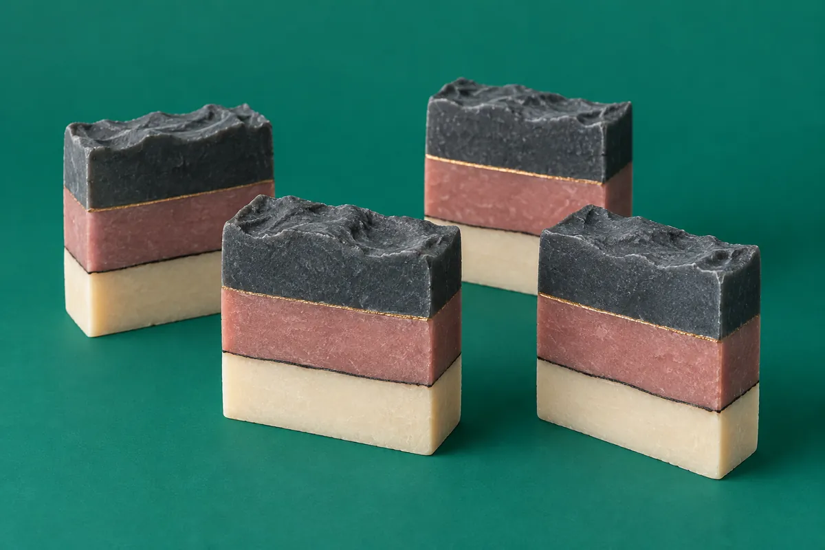 Cut bars of layered cold-process soap with cream, rose and charcoal-grey layers divided by thin dark and shimmering lines, on a deep green backdrop